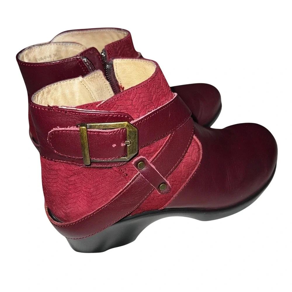 Alegria Burgundy Leather Ankle Boots Side Zip Buckle Accent Women Size 36